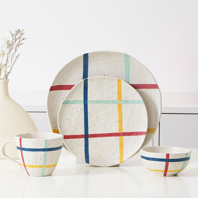 Sesame Glaze Striped Ceramic Plate Porcelain Tableware suit Set Household Dishes Hand-painted Coarse Pottery Dishes Gift Boxes