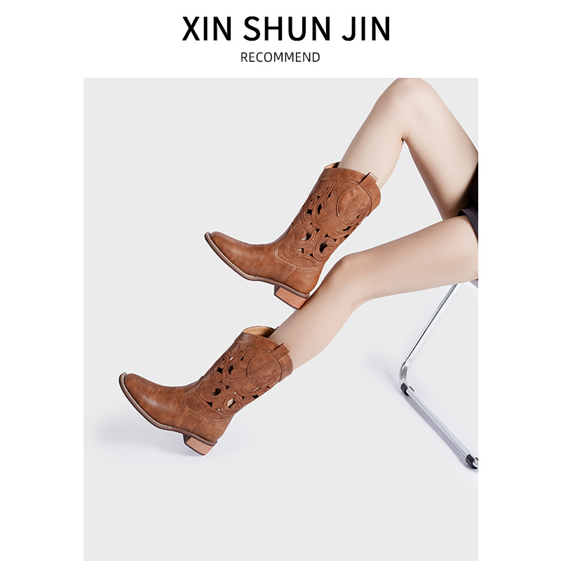 2024 New Autumn Boots Embroidered Hollow ~ Western Cowboy Boots Women's Square Head V-Mouth Desert Boots Thick Heel Martin Boots