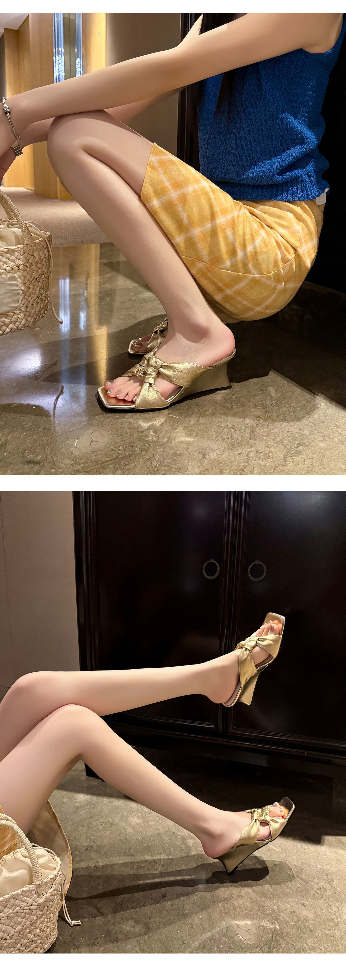Sandal cao gót nữ mũi vuông hở ngón đế xuồng quai chéo — màu vàng, màu trắng ngà, bạc chi tiết 8