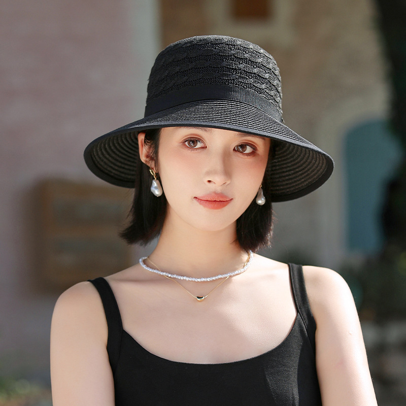 Eleganter, sonnenschützender Strohhut im koreanischen Stil mit Schleife im Hepburn-Stil, Fischerhut, vielseitiger Sommerhut mit breiter Krempe_voghion.com