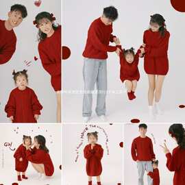 家福亲子装红色麻花毛衣影楼主题摄影服装过年新年亲子照2025年