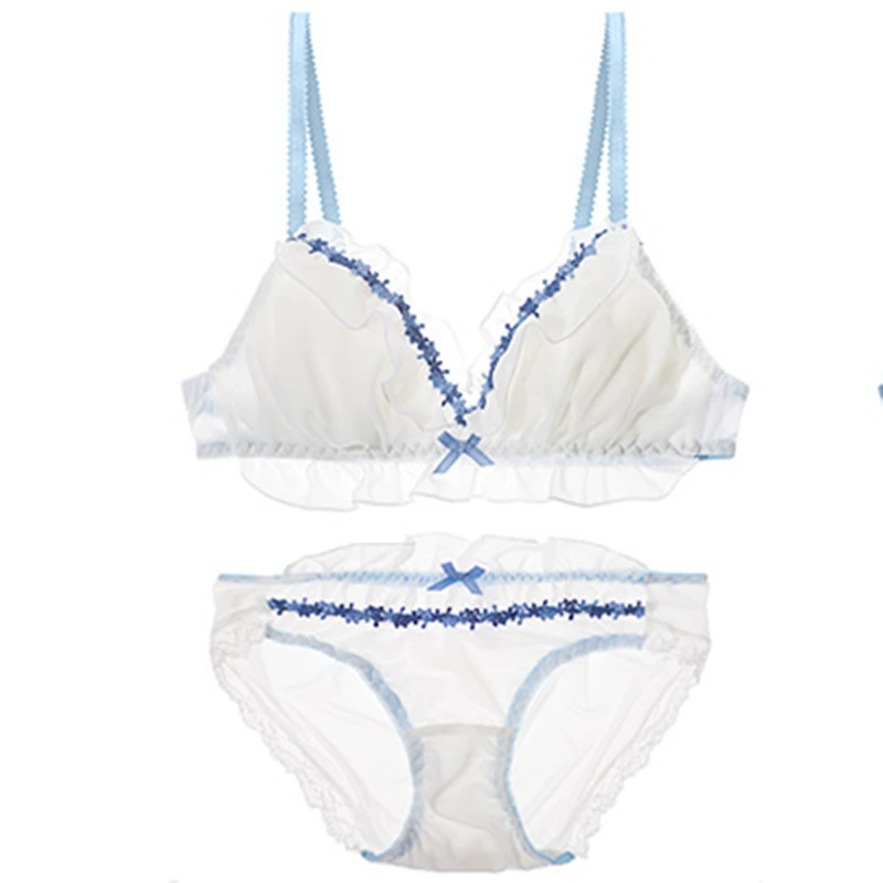 Bra and Panty Set, Comfortable Cute Design, White or Blue, Sizes M–LL (70–80)