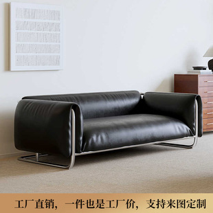Retro Style Black Stainless Steel Bauhaus Sofa Antique Style Light Luxury Designer Three-Person Leather Art Living Room Sofa