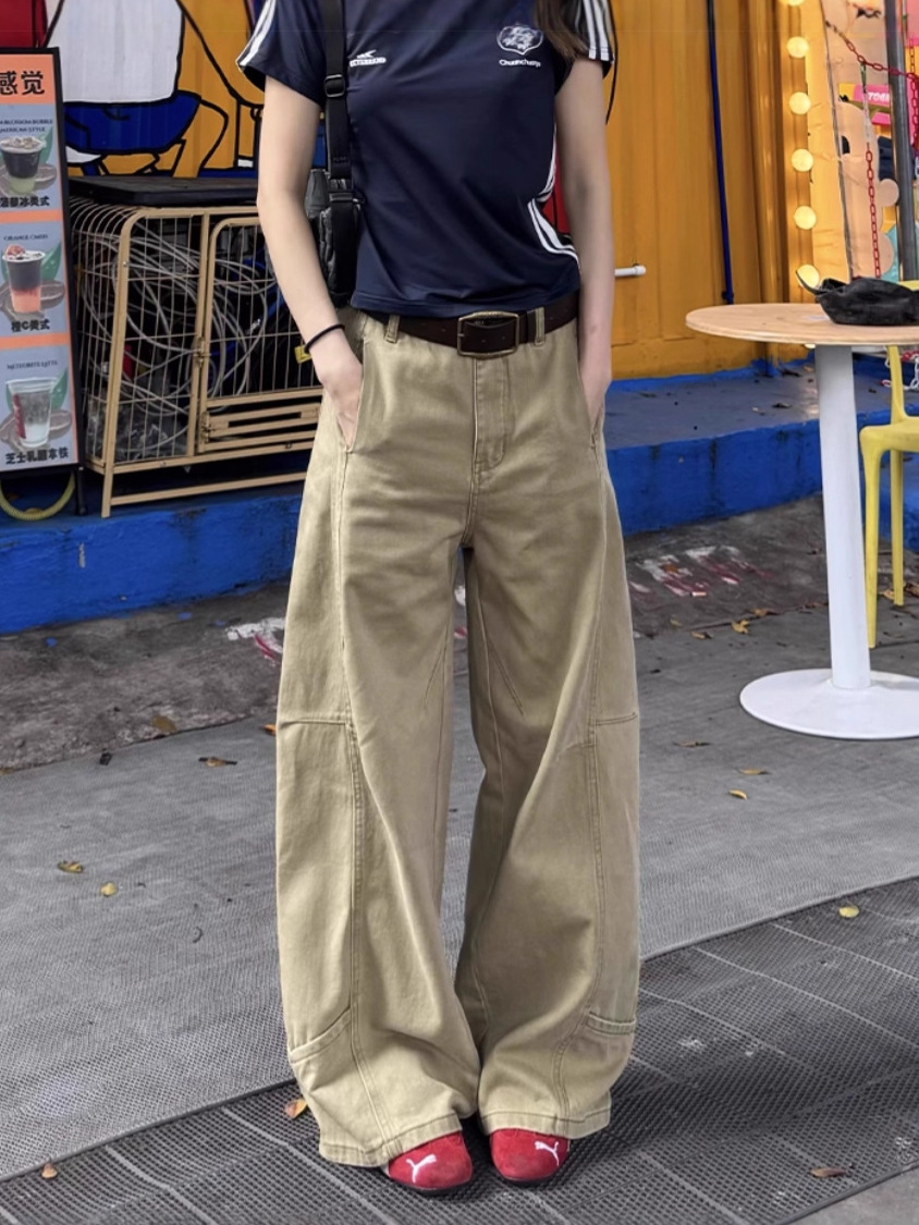American-Style Khaki Wide-Leg Jeans for Women, Petite Size, Spring High-Waisted, Slimming, Figure-Flattering Straight-Leg Denim Wide-Leg Pants for Women