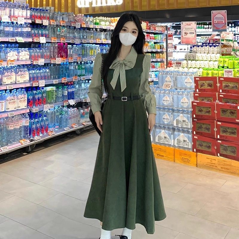 大码胖MM法式条纹连衣裙女秋季高级感裙子胖MM显瘦学院风A字裙|undefined