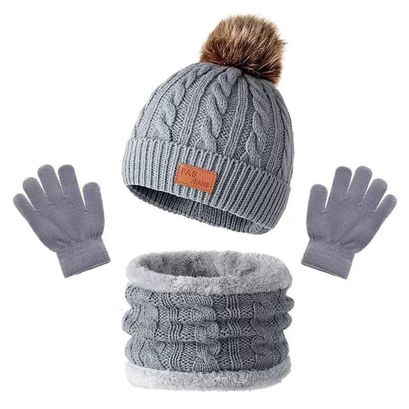 跨境欧美儿童针织帽子围巾手套三件套秋冬季毛球宝宝帽子厂家现货