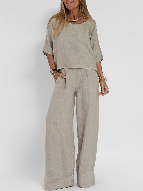 Casual Fashion Pocket Long Pants Beach Suit Spring Summer Short Sleeve Top Pullover Set Women Cotton Linen Solid Color Two-Piece
