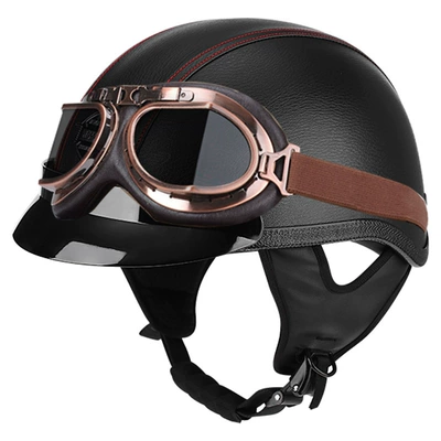 Motosiklet kaskı (dəbilqə) — retro helmet half helmet safety helmet - black-leather-red-line-brim-bronze-mirror-m56-57cm