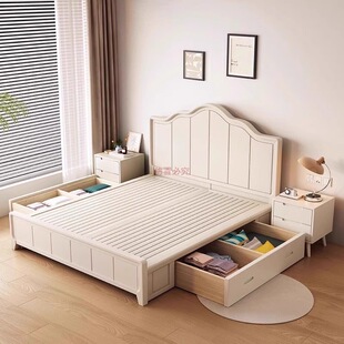 Scandinavian Solid Wood Bed Modern Simple White 1.5m Single and Double Bed Cream Style Princess Bed 1.8m Master Bedroom Storage Bed