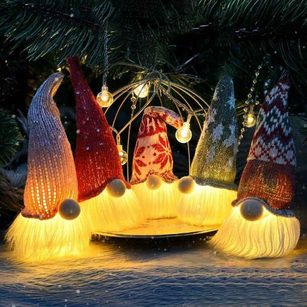 Christmas gnome night light pendant, knitted hat LED decoration, warm glow, single or 5‑pack
