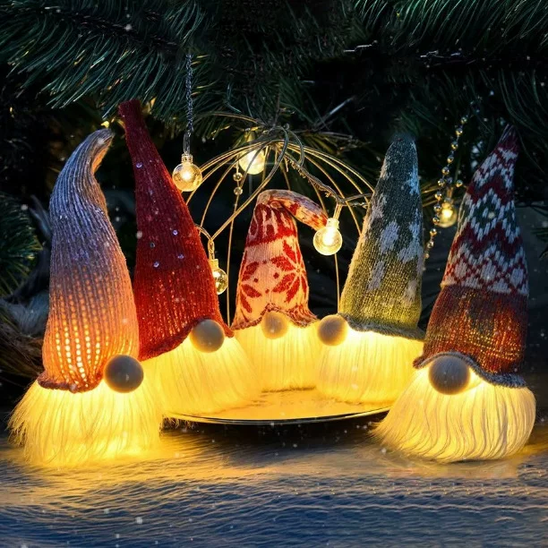Christmas gnome night light pendant, knitted hat LED decoration, warm glow, single or 5‑pack