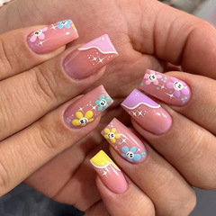 Medium-to-long cross-border false nail with shiny little flowers, cute and playful, fresh and natural manicure sheet wholesale finished nails