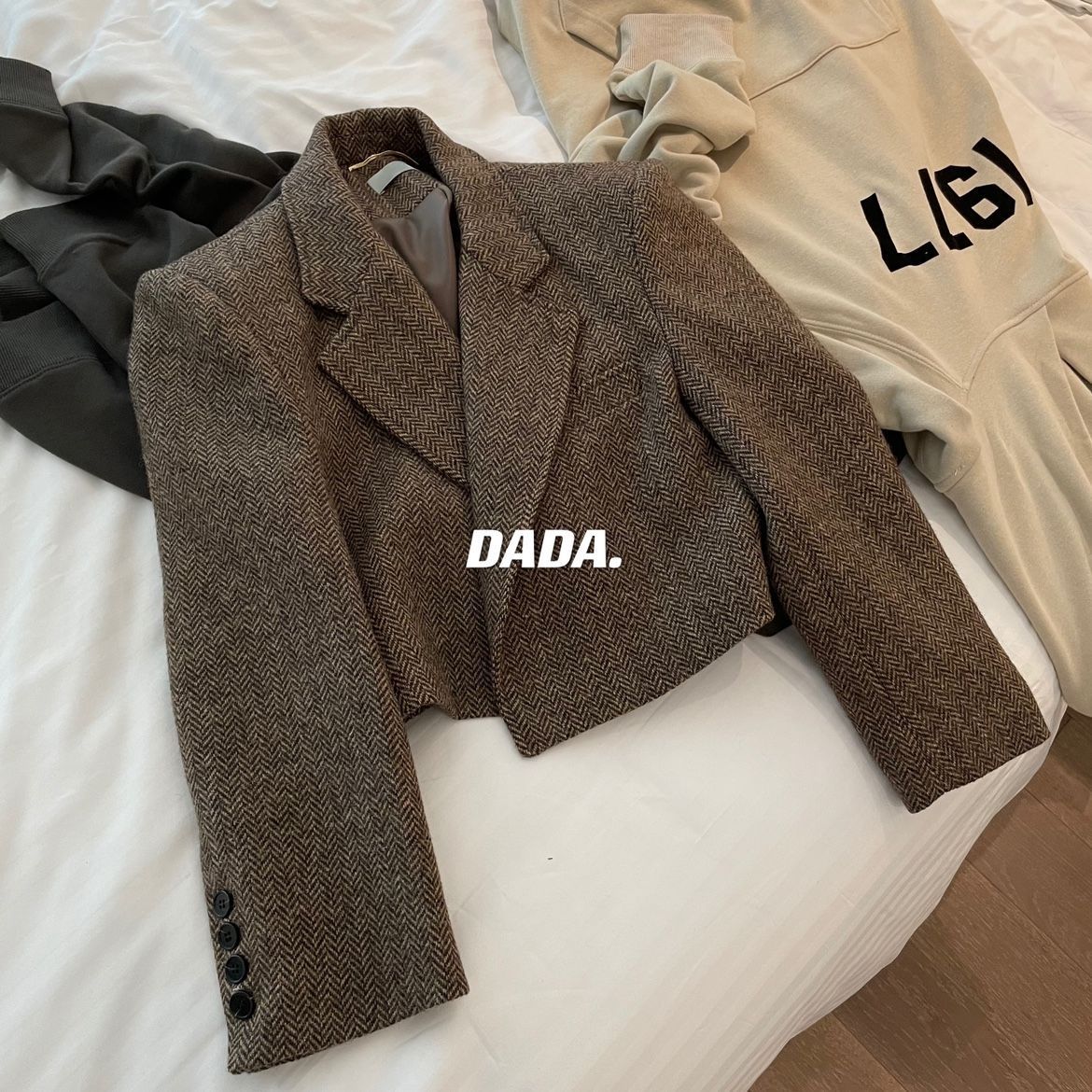 Qadın Herringbone Tvid Qısa Gödəkçə