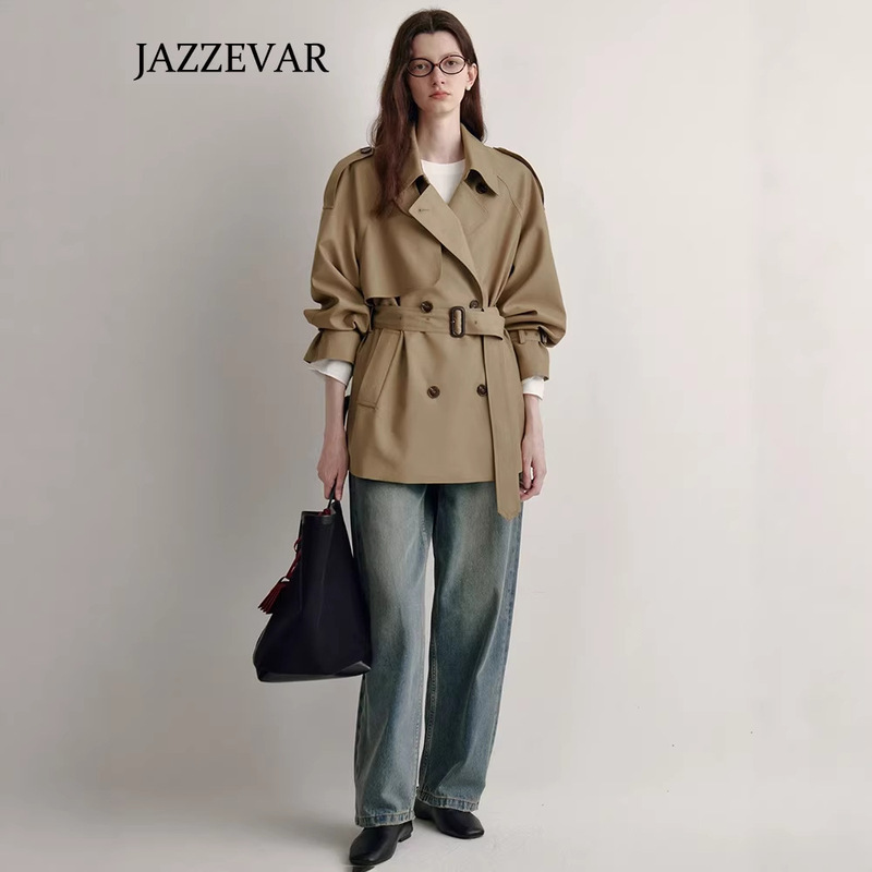 Jia Zehua 2025 Spring and Autumn Korean-Style British-Inspired Mid-Length Trench Coat for Petite Women, Waist-Cinching and Slimming, in Stock