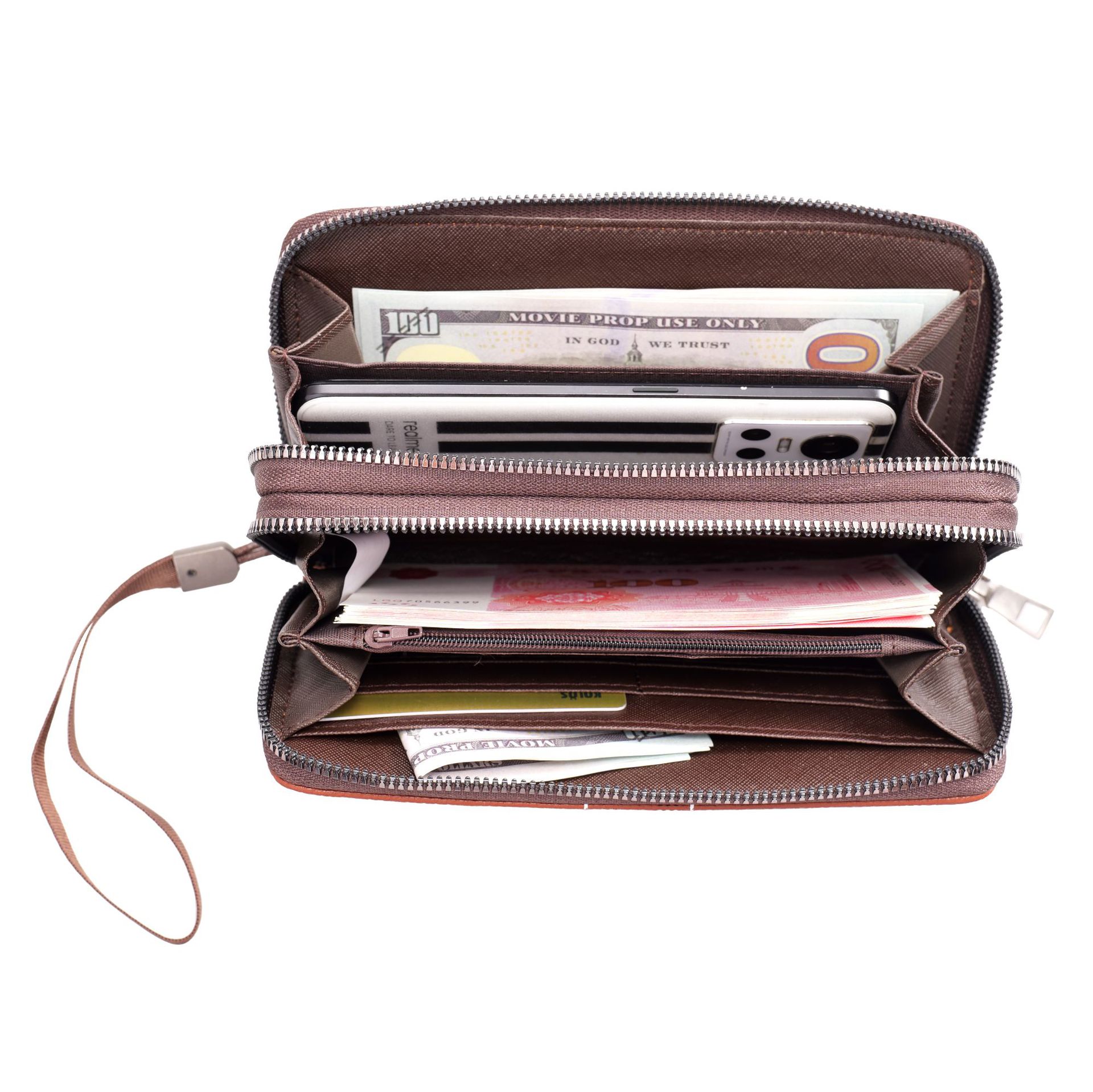 Herre clutch taske lang håndtaske med dobbelt lynlås stor kapacitet håndtaske herre multifunktionel mobiltelefontaske_voghion.com