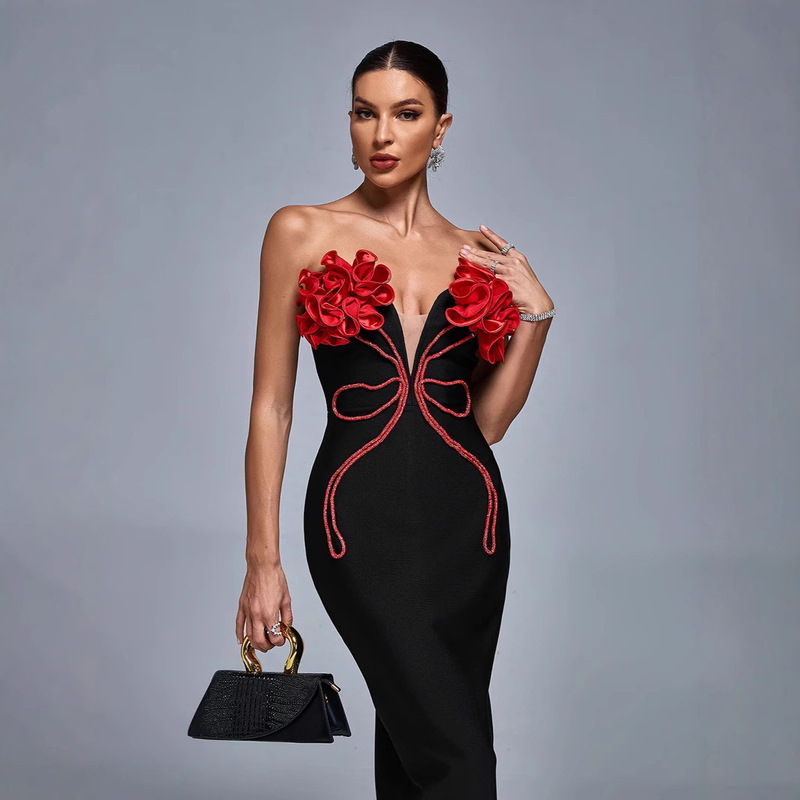 Three-Dimensional Women's Red Floral Rhinestone Chain Sexy Low-Cut Strapless Black Bandage Evening Dress, Hot-Selling Cross-Border