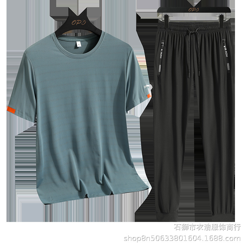 Conjunto casual de verano para hombre, de seda helada, de marca moderna, holgado, talla grande, de secado rápido, camiseta deportiva de dos piezas con pantalones largos.