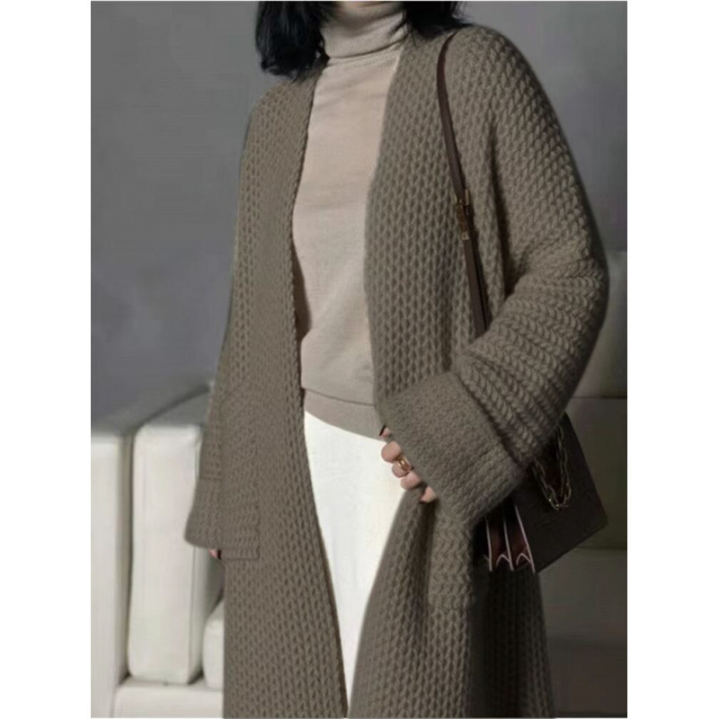 秋冬の新型ウールのカーディガンの女性の中の長さのニットは厚いコートの長袖を厚くします。|undefined