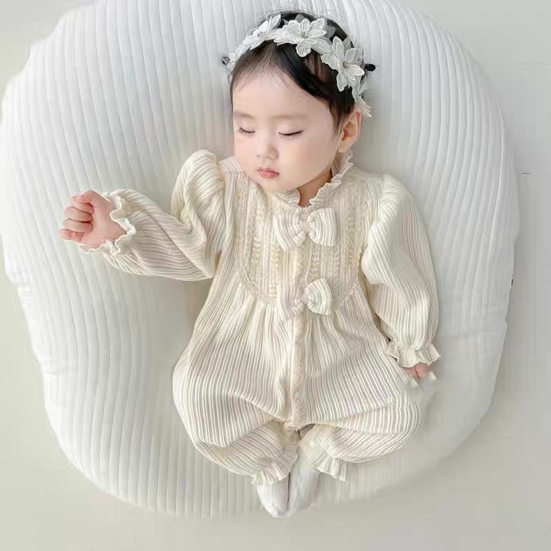Solid Color Sweet Bow Baby Girl Spring & Fall Jumpsuit Full Moon 100 Days Old Korean Style Baby Princess