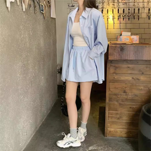 2026 spring and summer lazy loose long-sleeved solid color sun-proof shirt short skirt two-piece fashionable temperament lazy suit