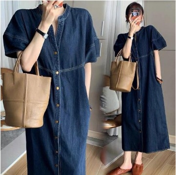 Denim Dress Women's Summer French Style Niche Elegant Waist Small Puff Sleeve Long Short Skirt Large Size Short Sleeves