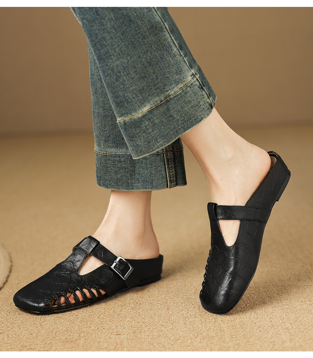 Dép nữ quai chữ T mũi nhọn kiểu vintage, đế bệt, size 34–41 — đen chi tiết 17