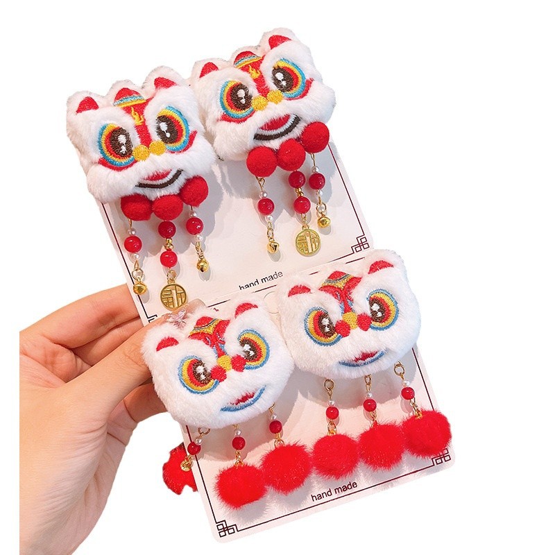 2025 Año Nuevo de peluche despierta león clips de Año Nuevo niñas clips de cabello bebé estilo chino Hanfu clips de cabello adornamiento