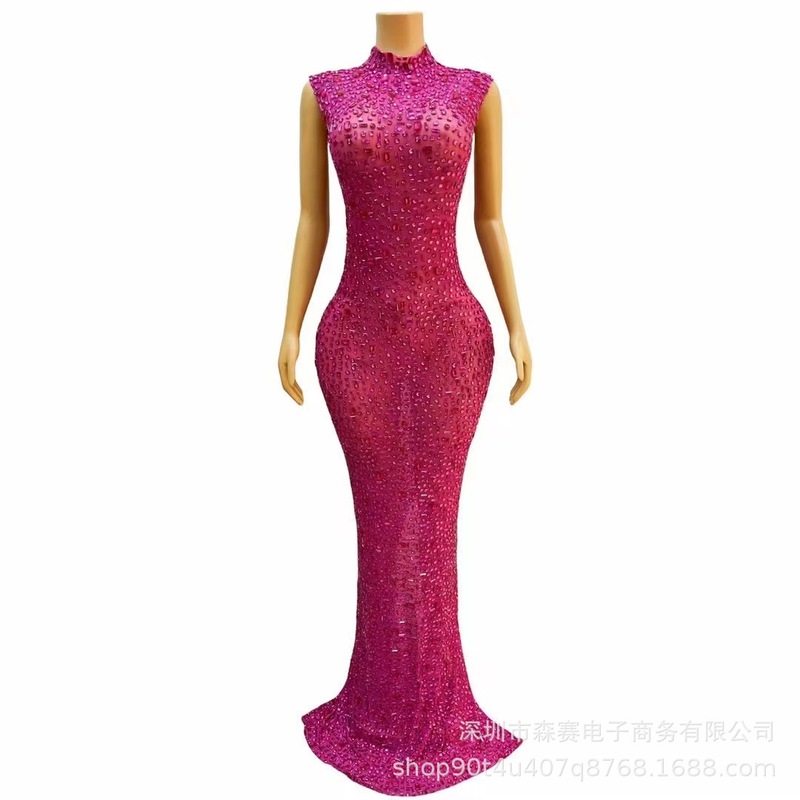 夏季新款晚礼服女长款钉钻修身显瘦舞会派对新娘结婚礼服连衣裙|undefined