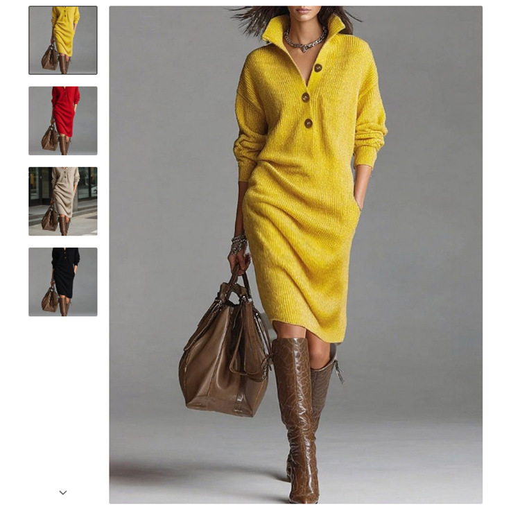 2025 Independent Station European and American New Autum Casual Button Lapel Loose Straight Knitted Mid-Length Sweater Skirt 2025 Independent Station European and American New Autum Casual Button Lapel Loose Straight Knitted Mid-Length Sweater Skirt