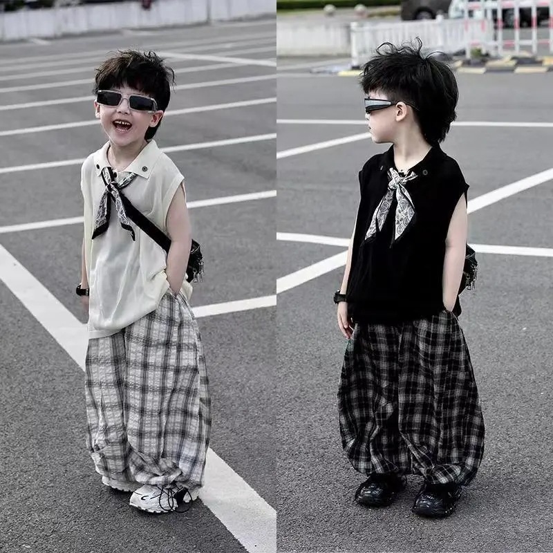 Boys Summer Suit 2025 New Summer Kidsren's Sleeveless Vest Knitwear Boy Anti-Mosquito Pants Two-Piece Trendy Set