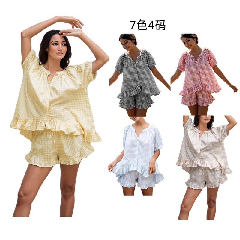In-stock cross-border European and American women's set: ruffled buttoned round-neck short-sleeve top + pants set, casual plaid pajamas In-stock cross-border European and American women's set: ruffled buttoned round-neck short-sleeve top + pants set, casual plaid pajamas