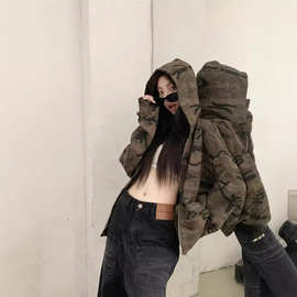 【工厂现货】美式复古迷彩连帽卫衣外套女秋冬季宽松长袖拉链上衣