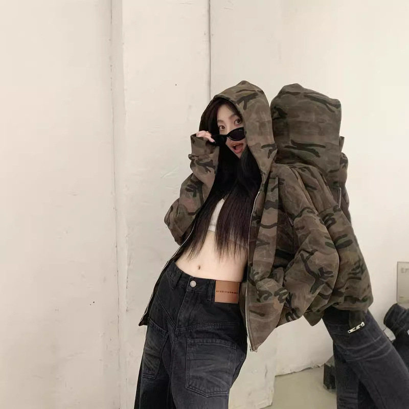 [Factory in stock] American retro camouflage hooded sweater coat women's autumn and winter loose long sleeve zipper top