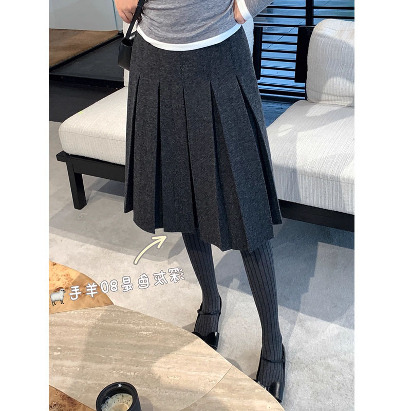 French-Style Reversible Gray Pleated Midi Skirt Intellectual Autumn and Winter Woolen Skirt 2025 Autumn