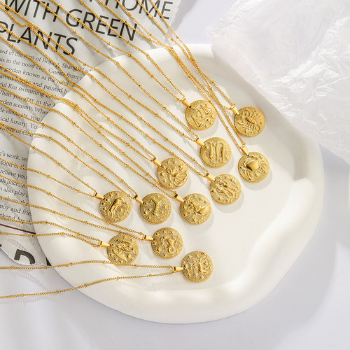 Stainless Steel Gold-Plated Round 12 Zodiac Sign Coin Embossed Necklace: Lightweight, Niche Design, Minimalist, and Versatile Clavicle Chain