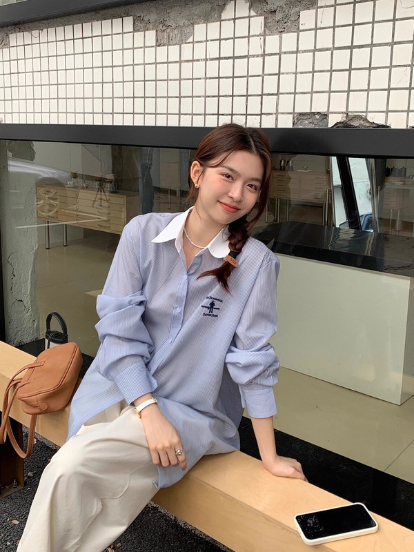 韩国thebarnnet八奶蓝色衬衫女经典条纹休闲百搭打底衬衣叠穿25款|undefined