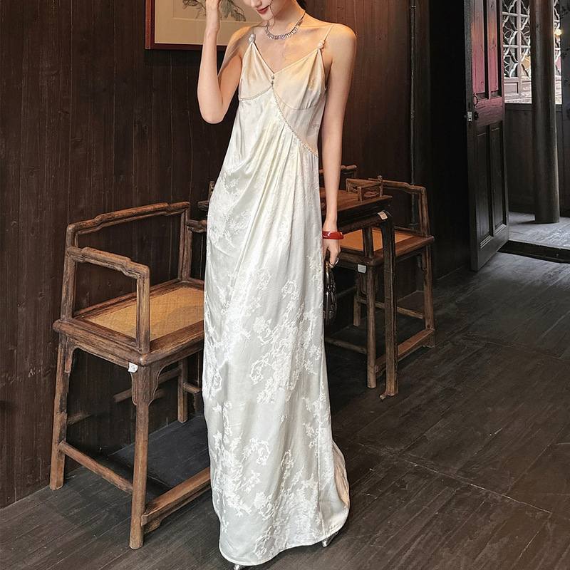 【Pin Yue】New Chinese-Style Yarn-Dyed Gold Silk Dress for Women, Beautiful and Stunning Summer Slip Dress 【Pin Yue】New Chinese-Style Yarn-Dyed Gold Silk Dress for Women, Beautiful and Stunning Summer Slip Dress