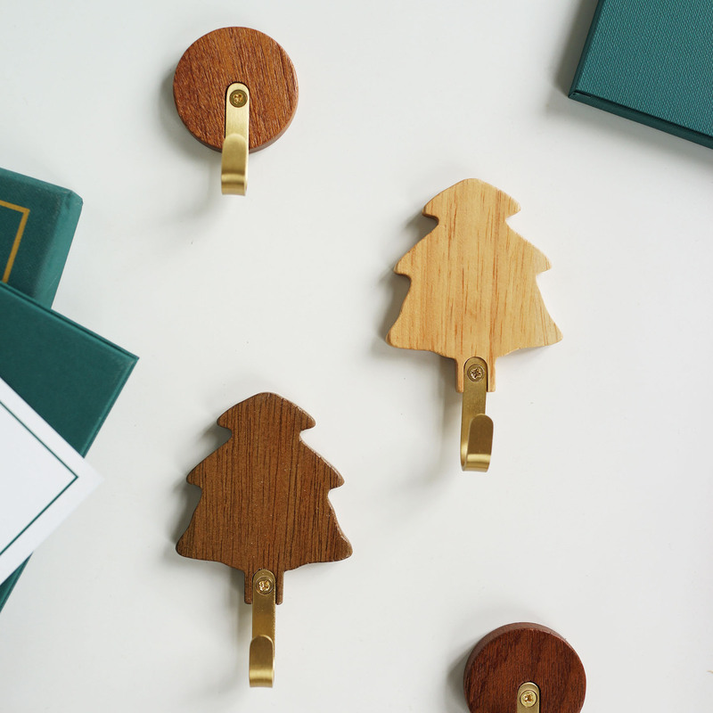 Solid Wood Hooks with Strong Adhesive, No Drilling Required, Entryway Coat Hooks, Brass Coat Hooks, Wooden Crafts