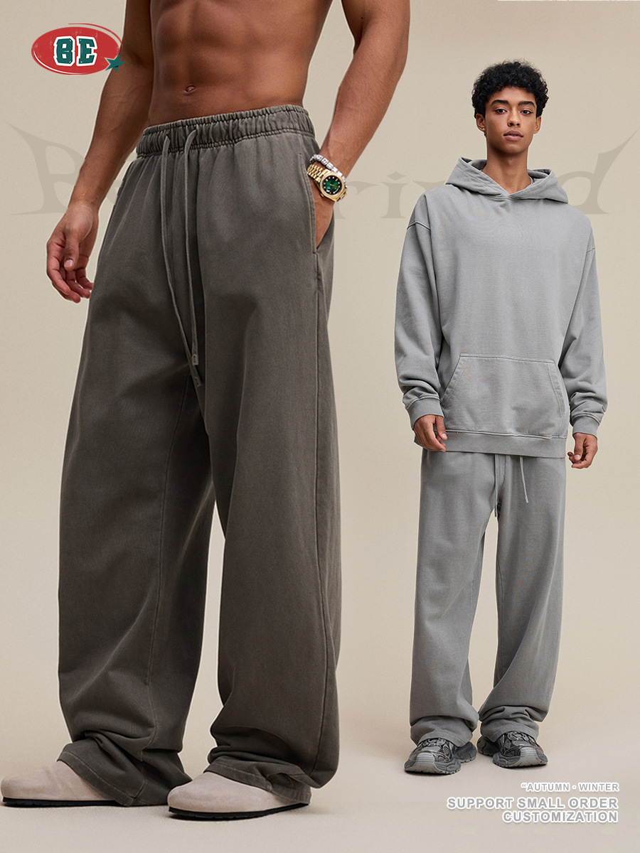 Be Hombres| 2025 otoño retro callejera pesada 480g hacer vieja camiseta azul pantalones casuales de moda masculina