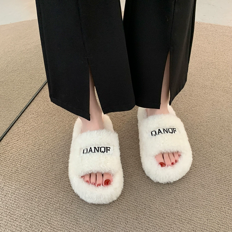 Осенние и зимние новые сетчатые красные шерстяные шлепанцы женские корейские модные снаружи носить плюшевые домашние хлопчатобумажные тапочки