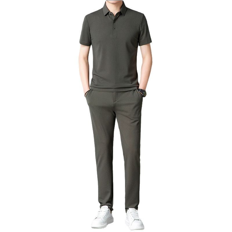 100% Mulberry Silk Accessible Luxury Casual Short-Sleeved Pants Two-Piece Set Men's Seamless T-Shirt Two-Piece Polo Shirt Suit