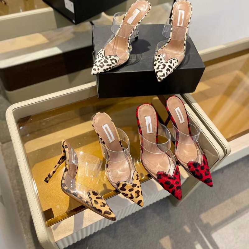 Guangzhou High-Quality 2024 New Alal Pointed Toe Bag Heel Leopard Print Heart Transparent Film Stiletto Sandals for Women