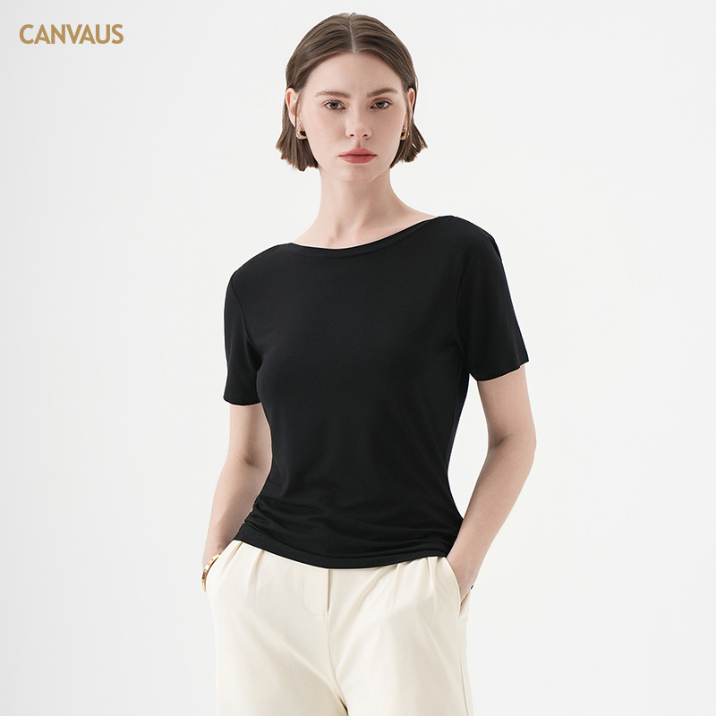 CANVAUS verano simple y suave camiseta glutinoso para mujer nueva versión coreana de color sólido cuello de una línea casual de manga corta jersey para mujer