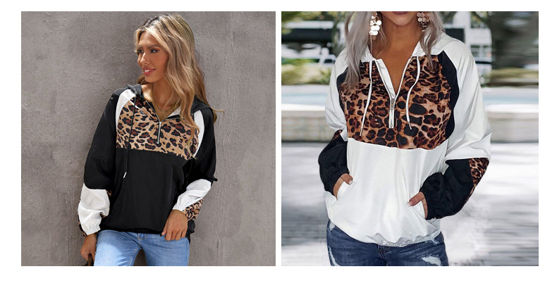 Sudadera con capucha con cremallera y costuras en contraste con estampado de leopardo para mujer, ropa al por mayor de nihaostyles NSSI79540