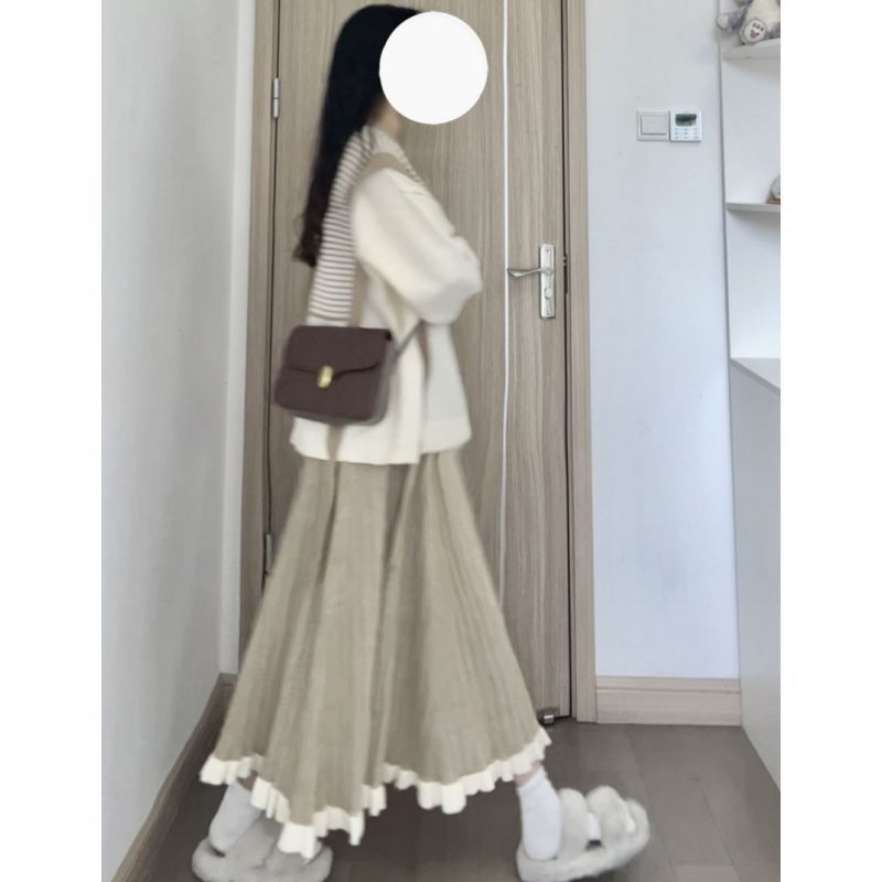 小个子穿搭秋冬毛衣条纹针织衫两件套气质半身裙温柔风时尚套装女|undefined
