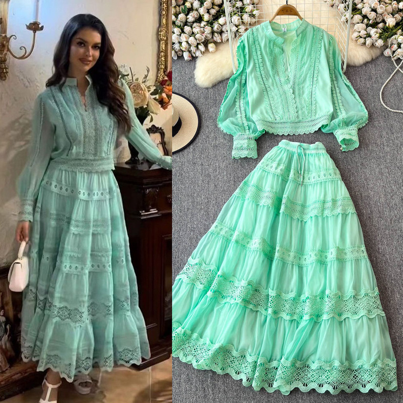 2024 autumn socialite style lantern sleeve long sleeve hollow lace stitching shirt A- shaped skirt suit dress women 2024 autumn socialite style lantern sleeve long sleeve hollow lace stitching shirt A- shaped skirt suit dress women