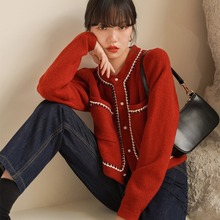 法式小香风红色毛衣外套女秋冬设计感针织开衫短款新年别致上衣厚