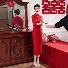 大码女装2023年春秋季新款中式改良旗袍敬酒服红色回门新娘连衣裙