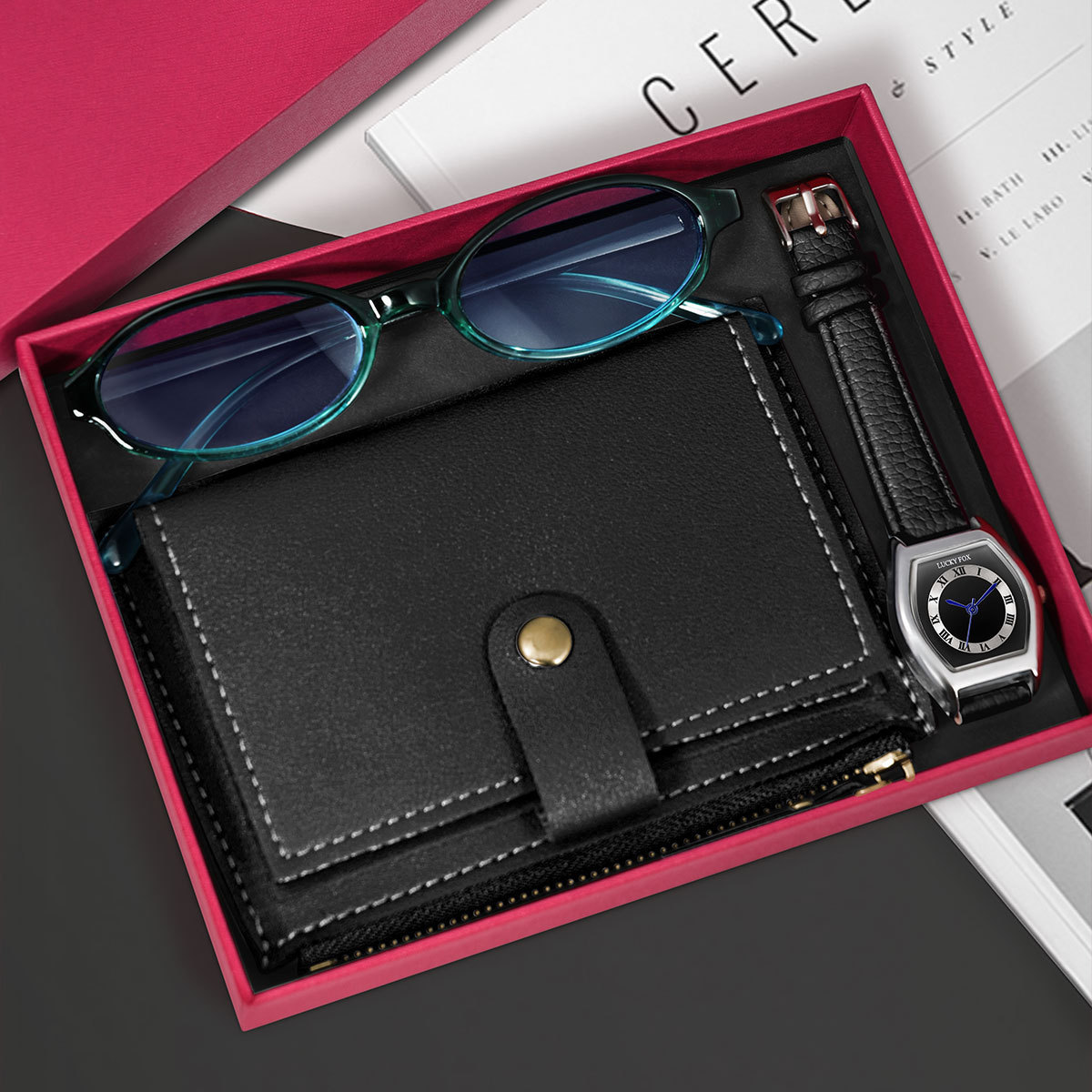 Luckyfox Cross-Border Popular Retro Women's Quartz Watch with Card Holder Wallet Glasses Gift Set 4