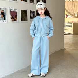 学生女孩春秋季新款运动风两件套女童时尚纯色拉链开衫长裤套装